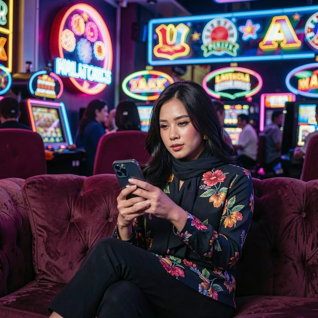 Young Malaysian woman relaxing on a sofa while using the 96CUCI casino app surrounded by colorful neon casino symbols and a modern gaming atmosphere