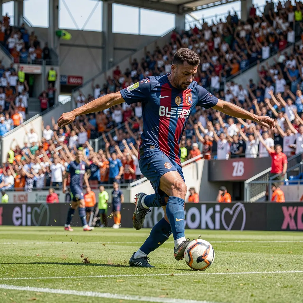 Professional soccer player striking the ball during a high intensity match with cheering fans in the background showcasing the excitement of live football betting with 96CUCI in Malaysia