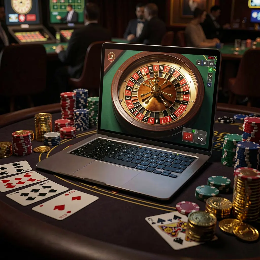 96CUCI – Enjoy immersive online roulette gameplay anytime in Malaysia Close-up view of an online roulette wheel on a laptop surrounded by casino chips and playing cards representing the immersive casino experience at 96CUCI for players in Malaysia